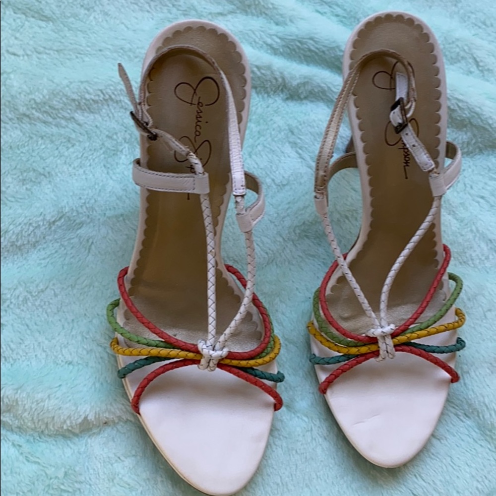 Leather upper white with multi color straps.